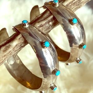 Large Sterling hoops w/ turquoise